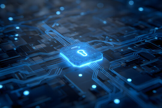 modern conceptual hi tech, mechanical technology cybr security privacy informaion network concept isometic protection digital netwrk internet link on hi tec blue future background