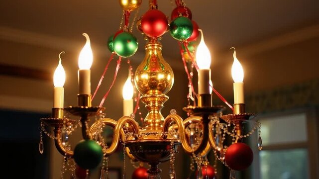 Brightly lit chandelier adorned with colorful Christmas ornaments creates a festive ambiance. This holiday decor showcases creativity and warmth in any living space.