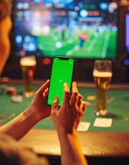 Person watching a sports game on a phone at a bar