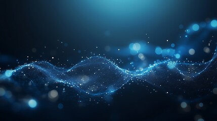 Abstract Data Waves/Energy Flows: Glowing Blue-White Particles, Mesh Ripples on Dark Blue Background
