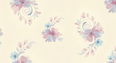 Watercolor floral pattern pastel flowers on cream background.