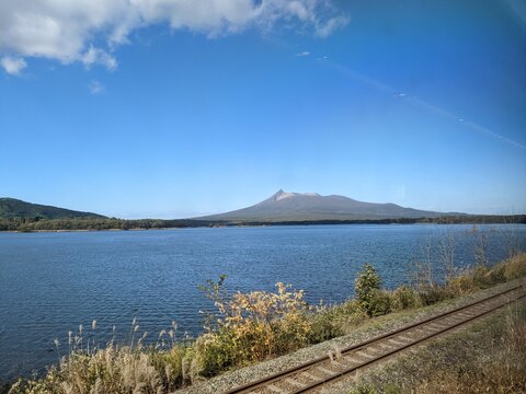 Scenic View of Onuma Quasi-National Park with Komagatake Volcano