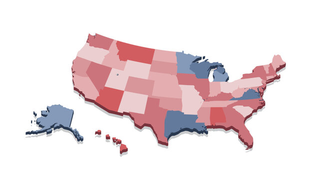 3d isometric map of united states highlighting regional variations in blue and red