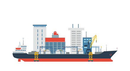 Cargo ship and dockside cranes at port with urban background in flat design