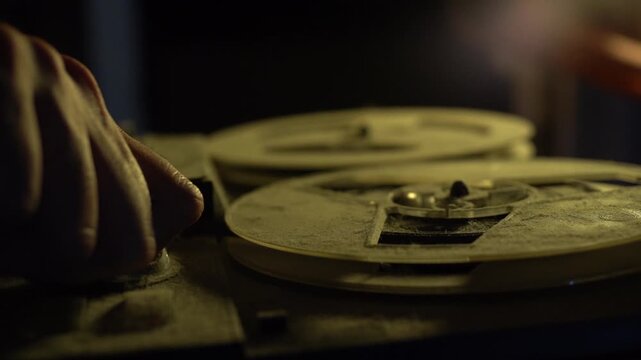 Old vintage reel-to-reel player. Tape recorder with spools. Bobbin tape recorder
