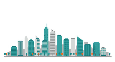 Modern urban cityscape with geometric skyscrapers and trees