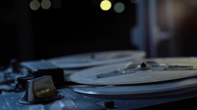 Bobbin tape recorder. Old vintage reel-to-reel player. Vintage tape recorder roller.