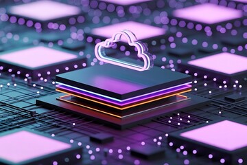 Abstract technology background with cloud symbol and purple neon lights computing