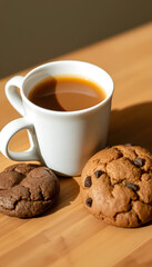 A cup of hot coffee placed beside chocolate cookies on a wooden table, minimal light.