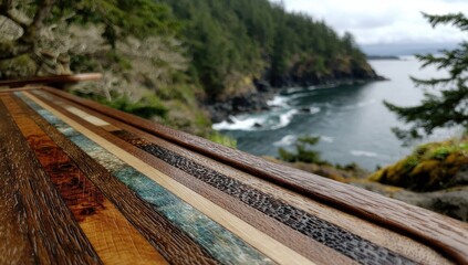 Obraz premium Coastal wood countertop, ocean view