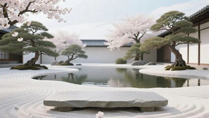 Obraz premium Traditional Japanese zen garden view with cherry blossom trees bonsai pond stone seat and raked sand artwork