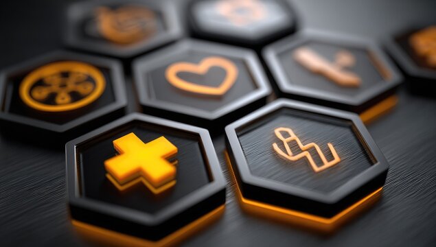 Glowing hexagonal buttons with medical icons