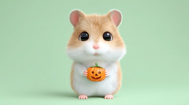 Cute cartoon hamster big eyes holding tiny jack o lantern orange pumpkin standing green background adorable fluffy happy festive autumn Halloween