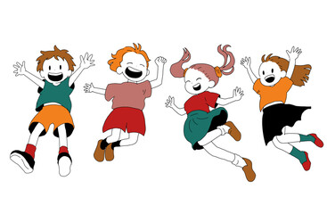 Hand-drawn Vector Illustration of Happy Jumping Kids – Flat Style
