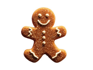Fototapeta premium Close-up of a smiling gingerbread man cookie decorated with white icing on a black background