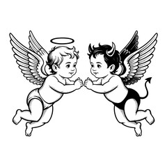 Naklejka premium a baby angel and baby devil flying, toward eachother in Baroque style, in the style of old print monochrome illustration in the style of english major circa 15th century