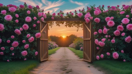 A pathway through a wooden gate adorned with vibrant pink roses leads to a picturesque sunset over a garden.