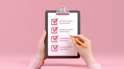 Checklist clipboard hand pencil pink tick mark task organization minimal style productivity motivation planning success achievement positive office workspace reminder note paper writing survey