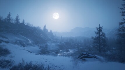 Snowy mountain valley at night