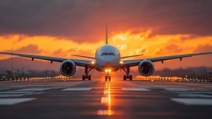 Airplane Taking Off at Sunset with Warm Light and Dramatic Sky
