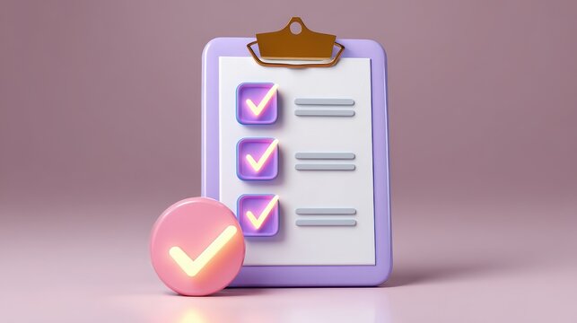 3d illustration of floating checklist icon with glowing check marks, clipboard, and pastel colors, representing organization, productivity, and task completion in modern, minimal style