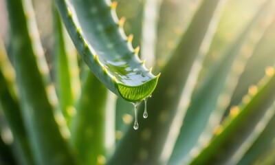 Aloe vera leaf with droplets dripping