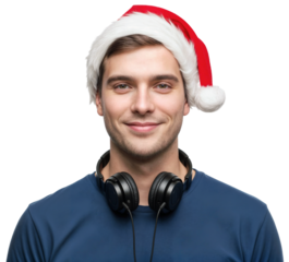 a happy guy wearing a santa hat and headphones around his neck