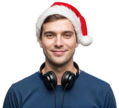 a happy guy wearing a santa hat and headphones around his neck