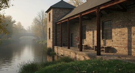 Serene Brick Building by Calm Water with Overhanging Roof and Reflections in Autumn Light