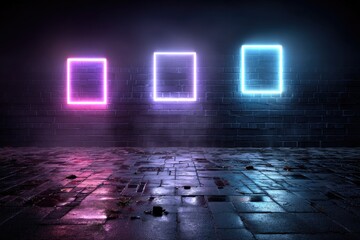Naklejka premium Neon rectangles on dark brick wall