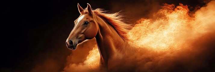 Majestic Ethereal Stallion Galloping Through Fiery Smoke, A Captivating Vision of Power and Grace