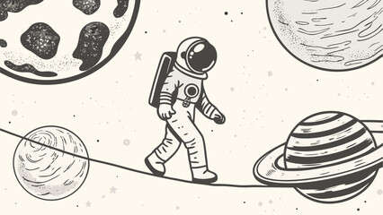 Astronaut walking on a tightrope between planets in a hand drawn space themed illustration style image silhouette