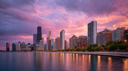 Naklejka premium Chicago skyline cityscape sunset lake reflection urban architecture high rise dramatic sky tranquil evening colorful waterfront Illinois downtown modern building city USA travel tourism scenic