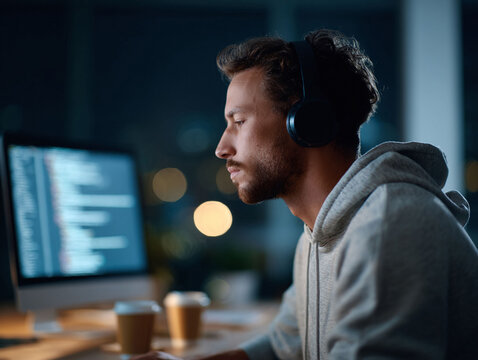 A young man intently works at his computer late at night, code filling the screen. Hes wearing headphones, focused on solving complex problems. Illustrates dedication, software, and focus.