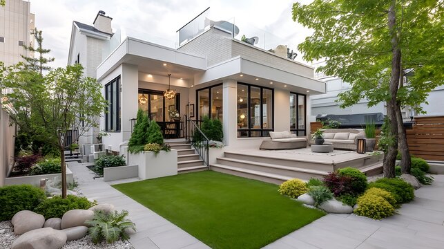 A modern backyard with a perfectly manicured lawn and stylish landscaping, ideal for home design inspiration and outdoor living spaces.