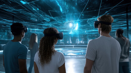 Friends group playing on vr glasses - Virtual reality and wearable tech concept with young people having fun together with headset goggles - Digital generation trends - Retro contrast filter