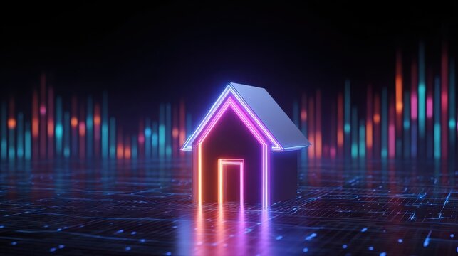 Abstract neon house glowing lines high tech digital investment futuristic vibrant color modern technology real estate innovation. Abstract neon house with glowing lines high tech digital