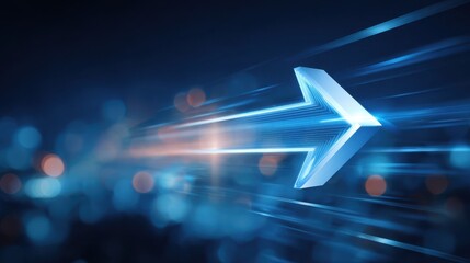 Blue arrow flying across futuristic user interface glowing light trail digital speed technology progress innovation abstract background dynamic motion energy