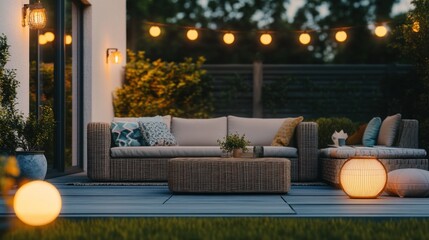 Charming outdoor living space with cozy rattan furniture and warm string lights