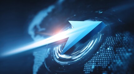Blue arrow flying across futuristic digital interface glowing light technology concept global network innovation speed modern abstract dynamic energetic progress