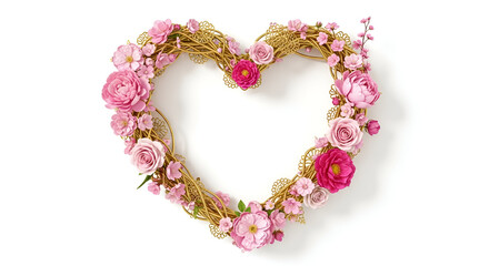 Obraz premium Golden heart frame decorated with pink flowers on white background.