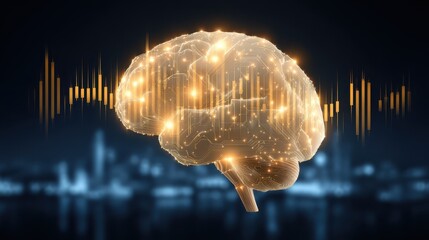 Glowing brain data stream digital technology finance neural network futuristic city night abstract innovation intelligence illuminated science modern concept artificial mind electric creative