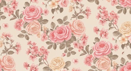 Watercolor Floral Pattern: Pink Roses and Blossoms on Cream.