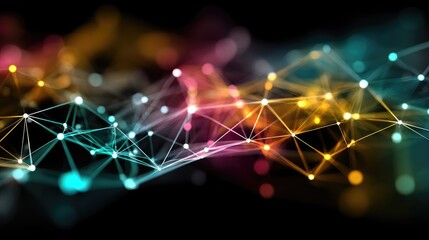 Abstract wave of colorful nodes and lines on a black background