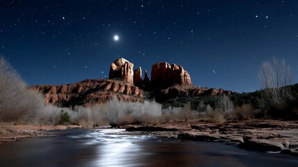 Arizona landscape Red rocks under a starry night sky with water flowing