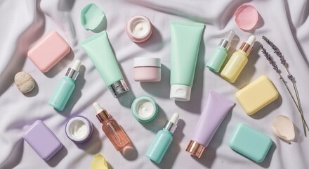 Pastel Beauty: An Array of Skincare Products on Soft White Fabri
