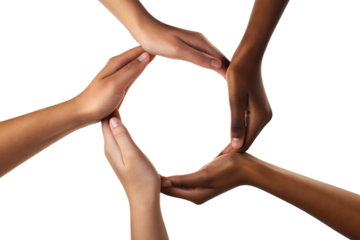 Diverse human hands forming circle on isolated on a transparent background multiracial