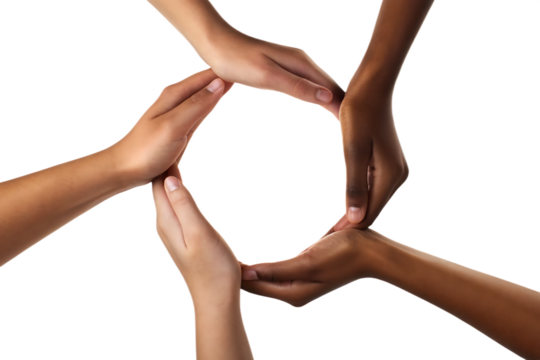 Diverse human hands forming circle on isolated on a transparent background multiracial