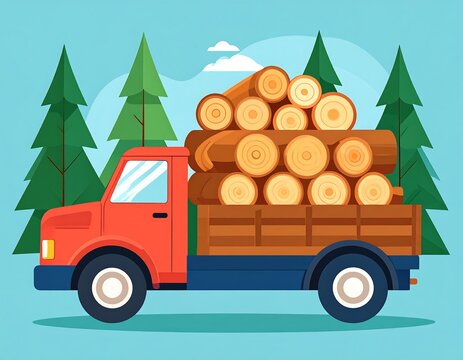 Red truck carrying logs in a forest