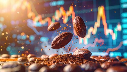 Cocoa beans and powder with financial graph symbolizing global commodity market chocolate industry investment trade price fluctuation trend